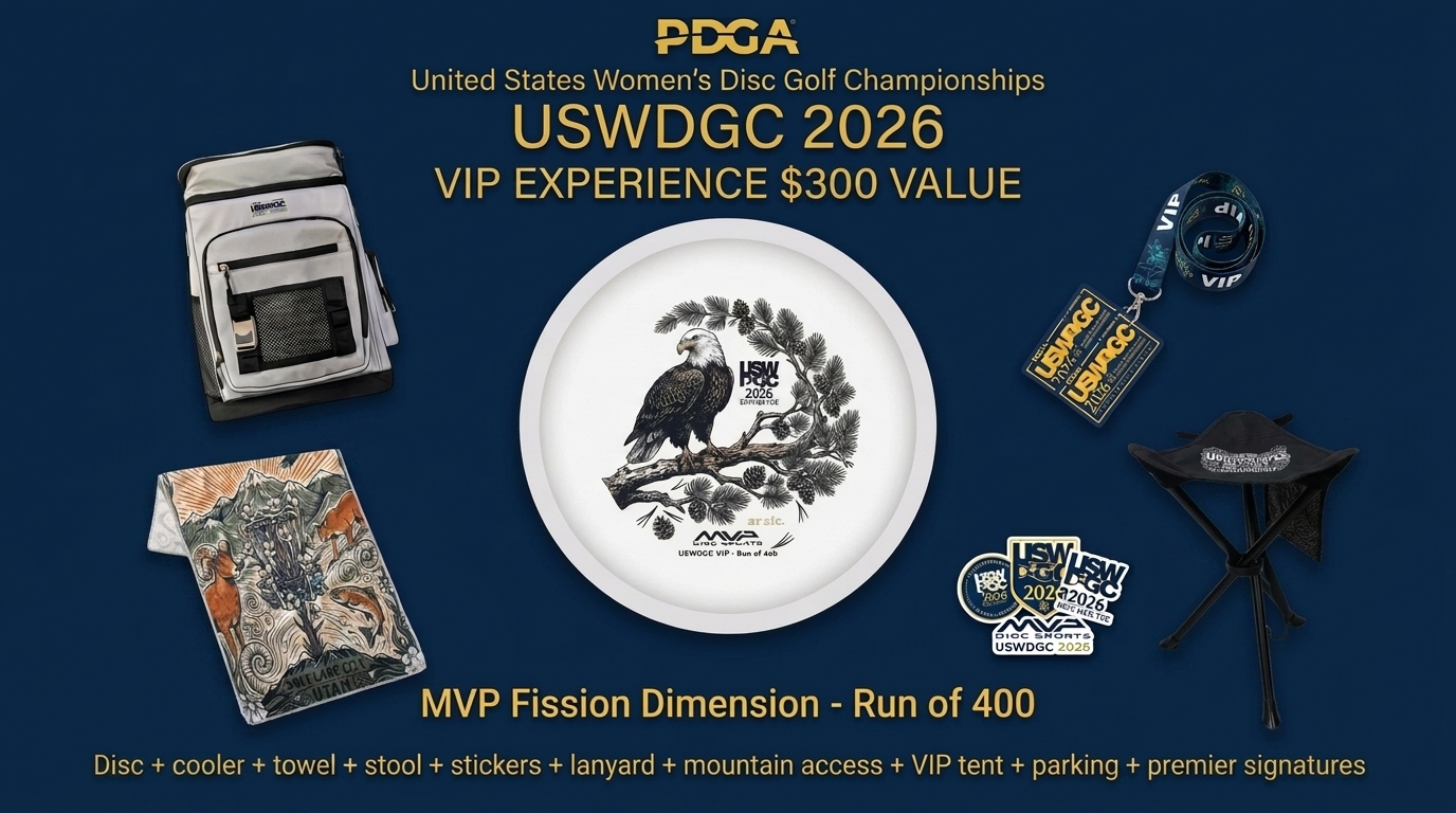 USWDGC 2026 VIP Experience — MVP Fission Dimension disc, cooler backpack, camp stool, sticker pack, VIP lanyard, and all-event mountain access