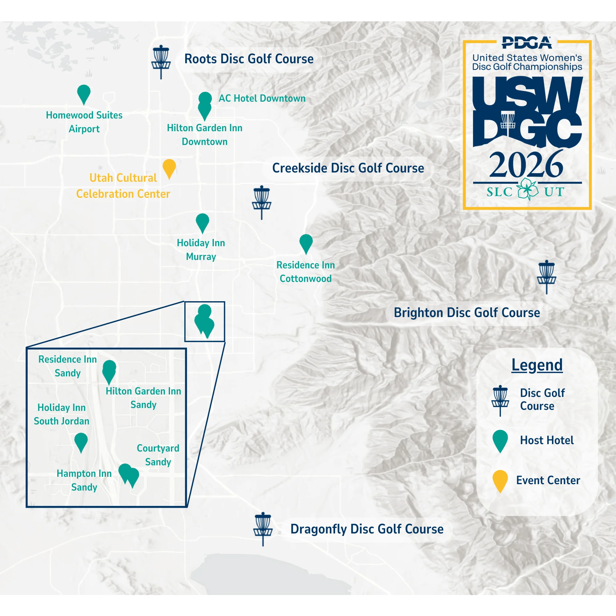 Salt Lake Valley map showing USWDGC 2026 courses and host hotels
