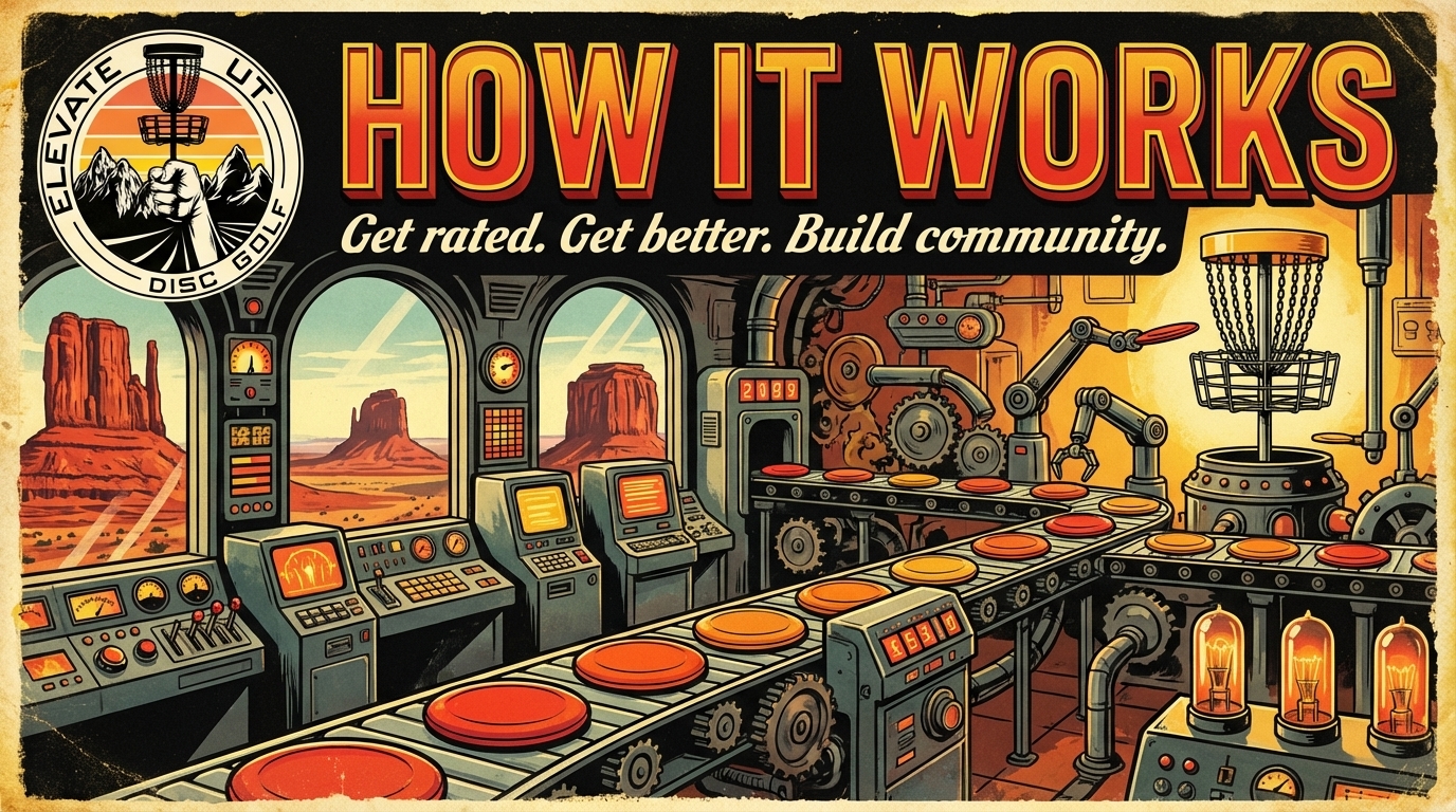 Flippy the axolotl overseeing the ElevateUT Disc Golf disc golf league machine