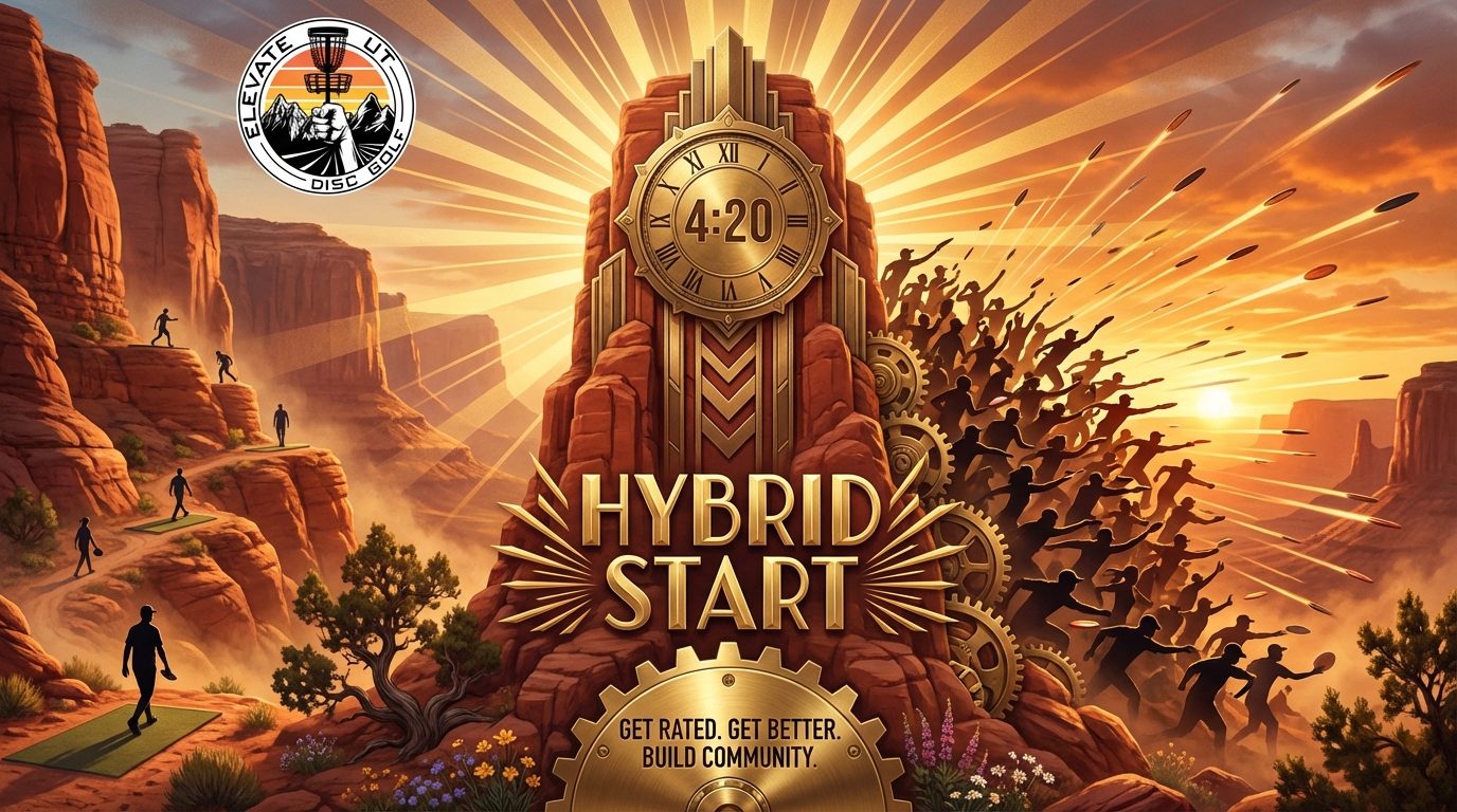 Hybrid Start Mode - Art Deco clock tower with disc golfers converging at golden hour