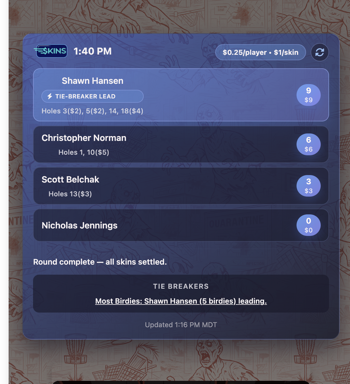 Live skins scoring dashboard
