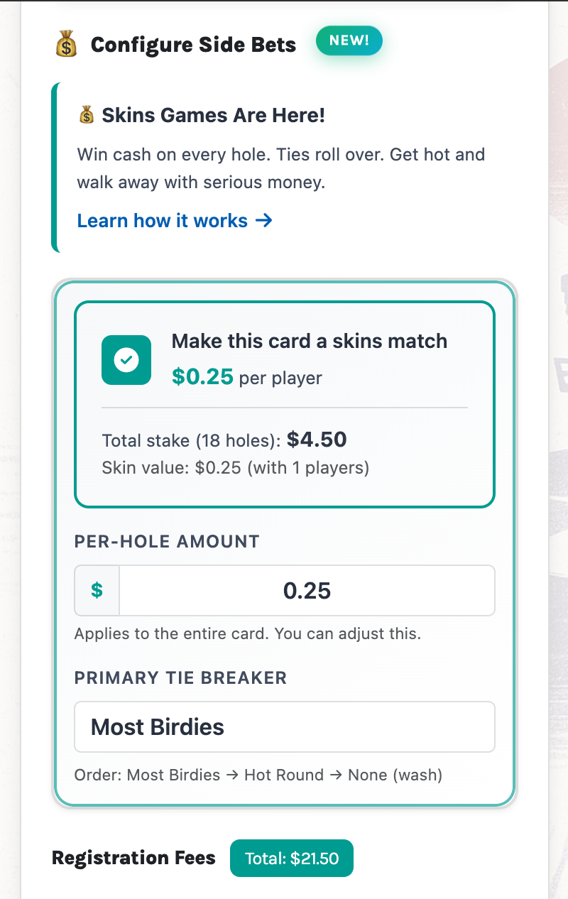 Skins registration configuration screen